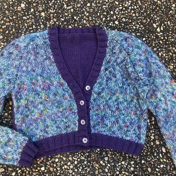 Vintage hand knit fuzzy mohair blend shirt cropped chunky cardigan sweater M L - Picture 4 of 4